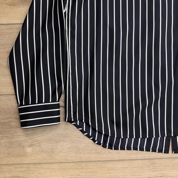 LRL Ralph Lauren Silk Black White Striped‎ Ruffle Front Dark Coquette Goth L - Picture 9 of 15